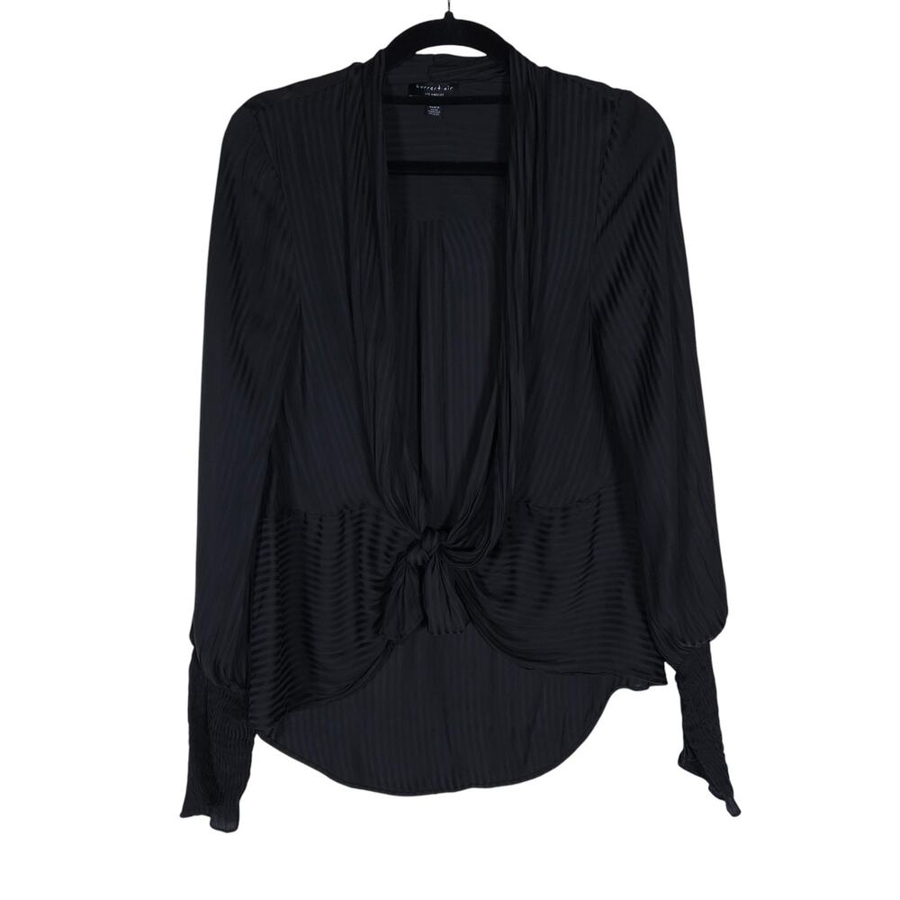 Current Air Womens Top XS Black Striped Tie Front Smocked Long Sleeve Blouse